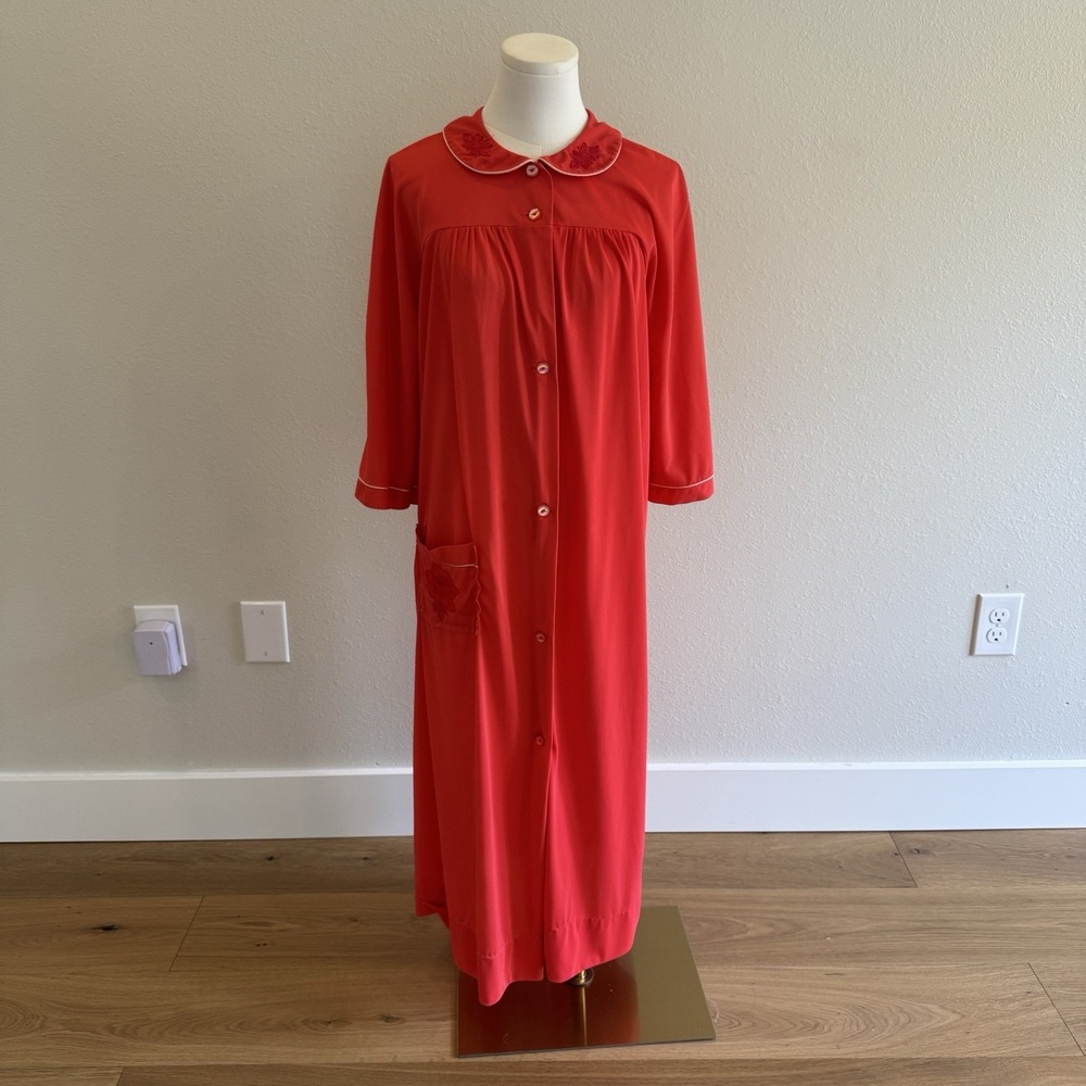 Vintage 70s Lorraine M/L Red Nylon Nightgown Robe Grandma Core Retro Holiday